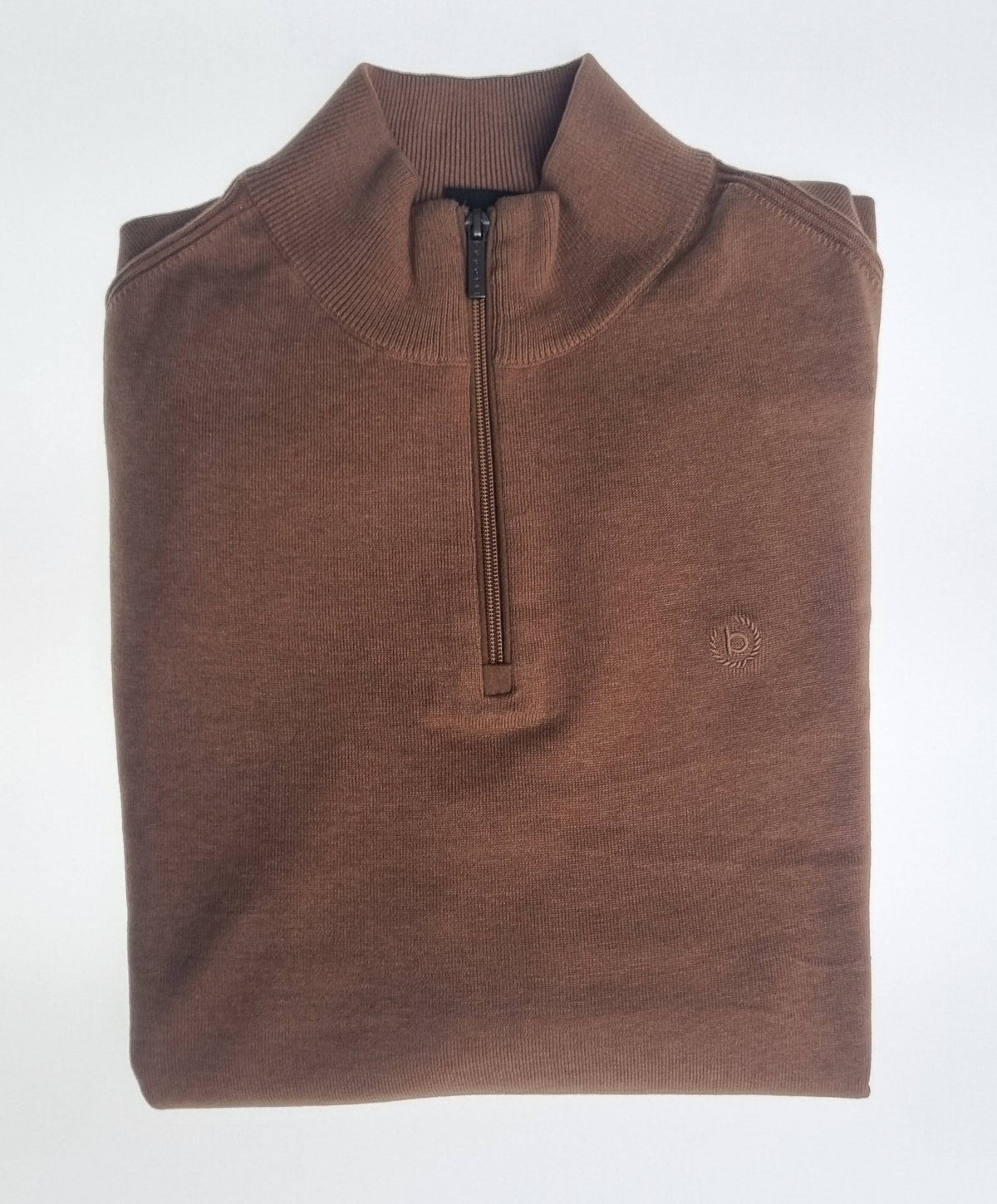 Folded brown Bugatti half-zip knit jumper with ribbed collar and embroidered chest logo on white background