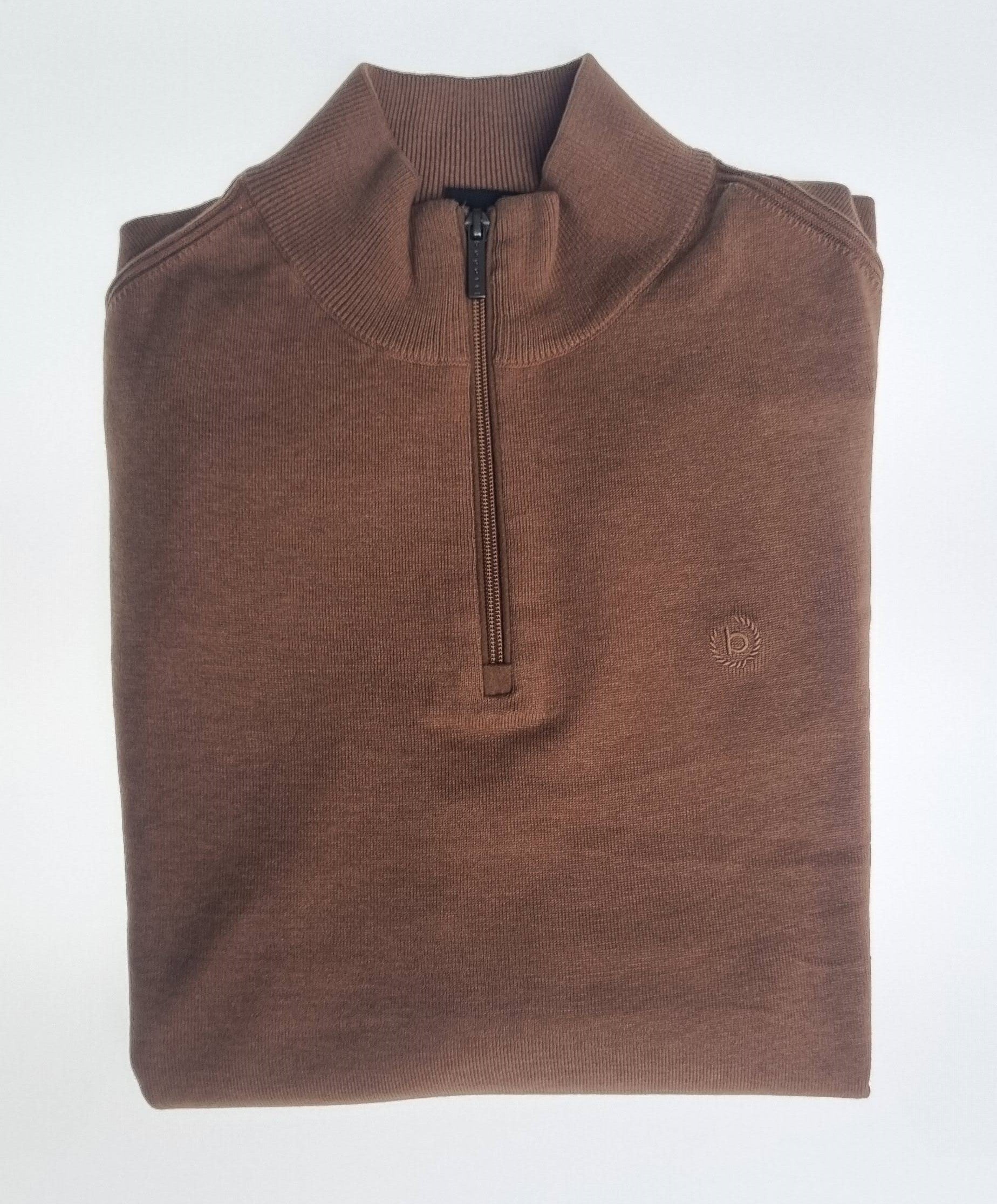 Folded brown Bugatti half-zip knit jumper with ribbed collar and embroidered chest logo on white background