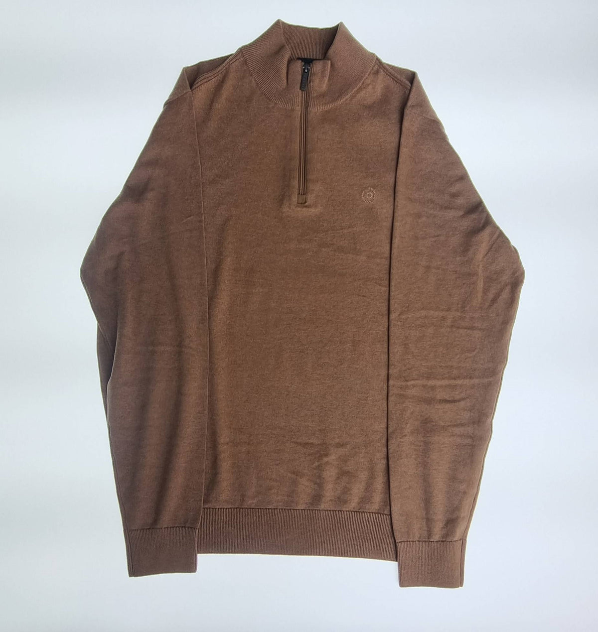 Brown pullover with a quarter zip on a white background