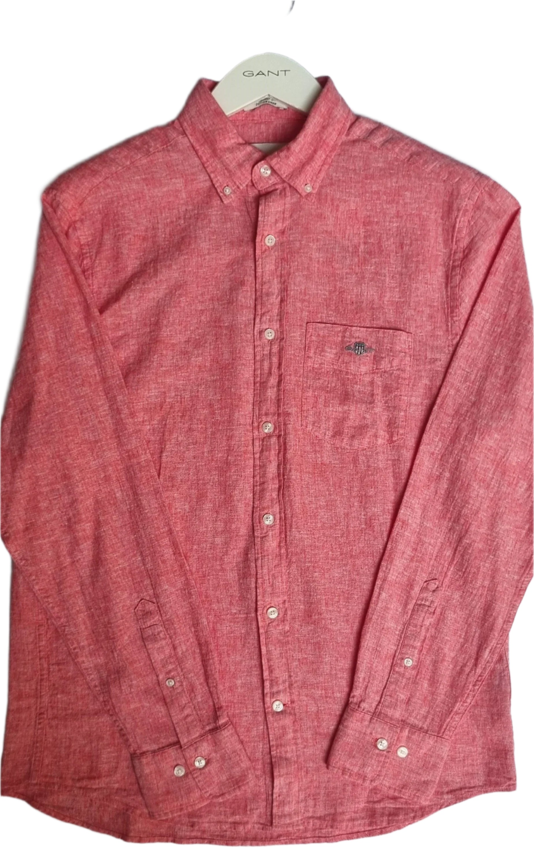 Red button-up shirt on a hanger with a visible brand logo.