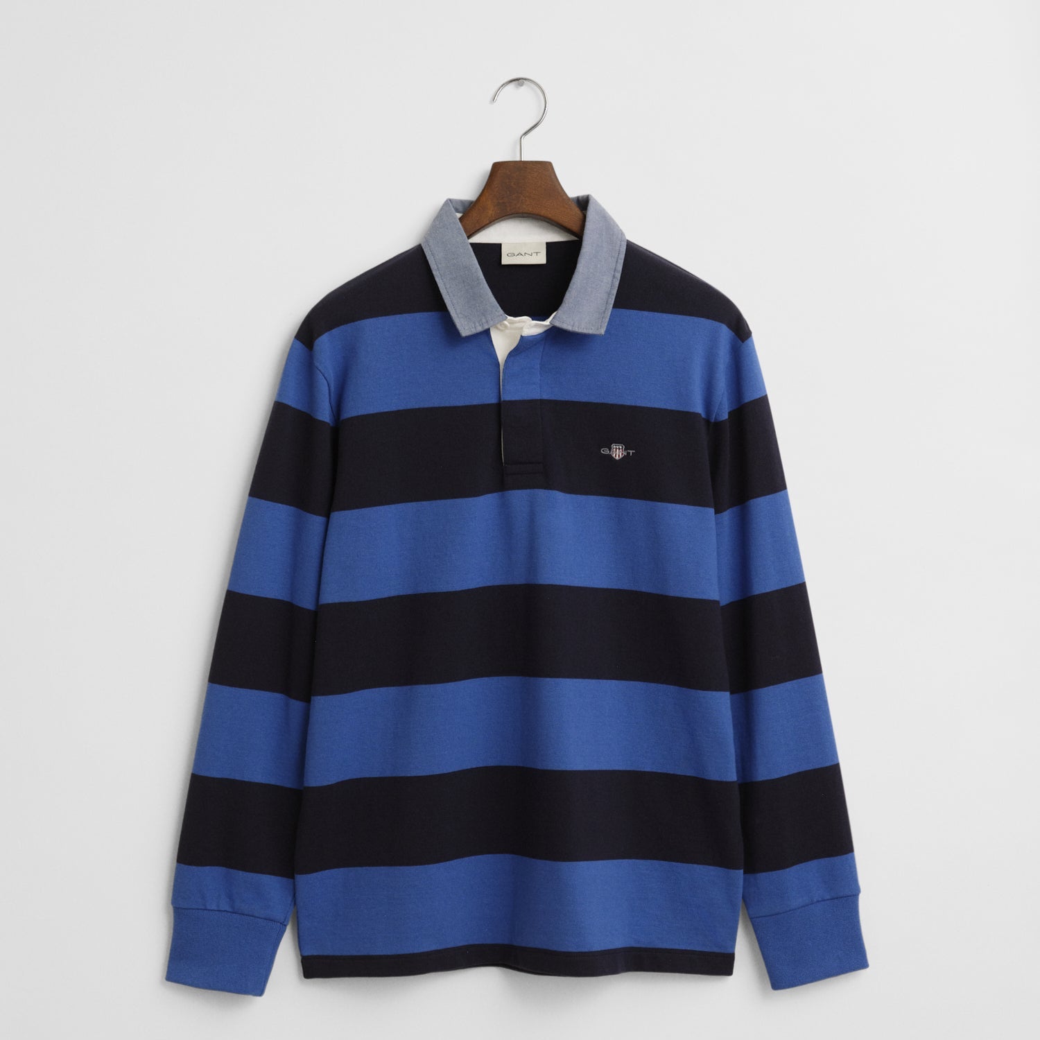 Blue and black striped long-sleeve shirt 