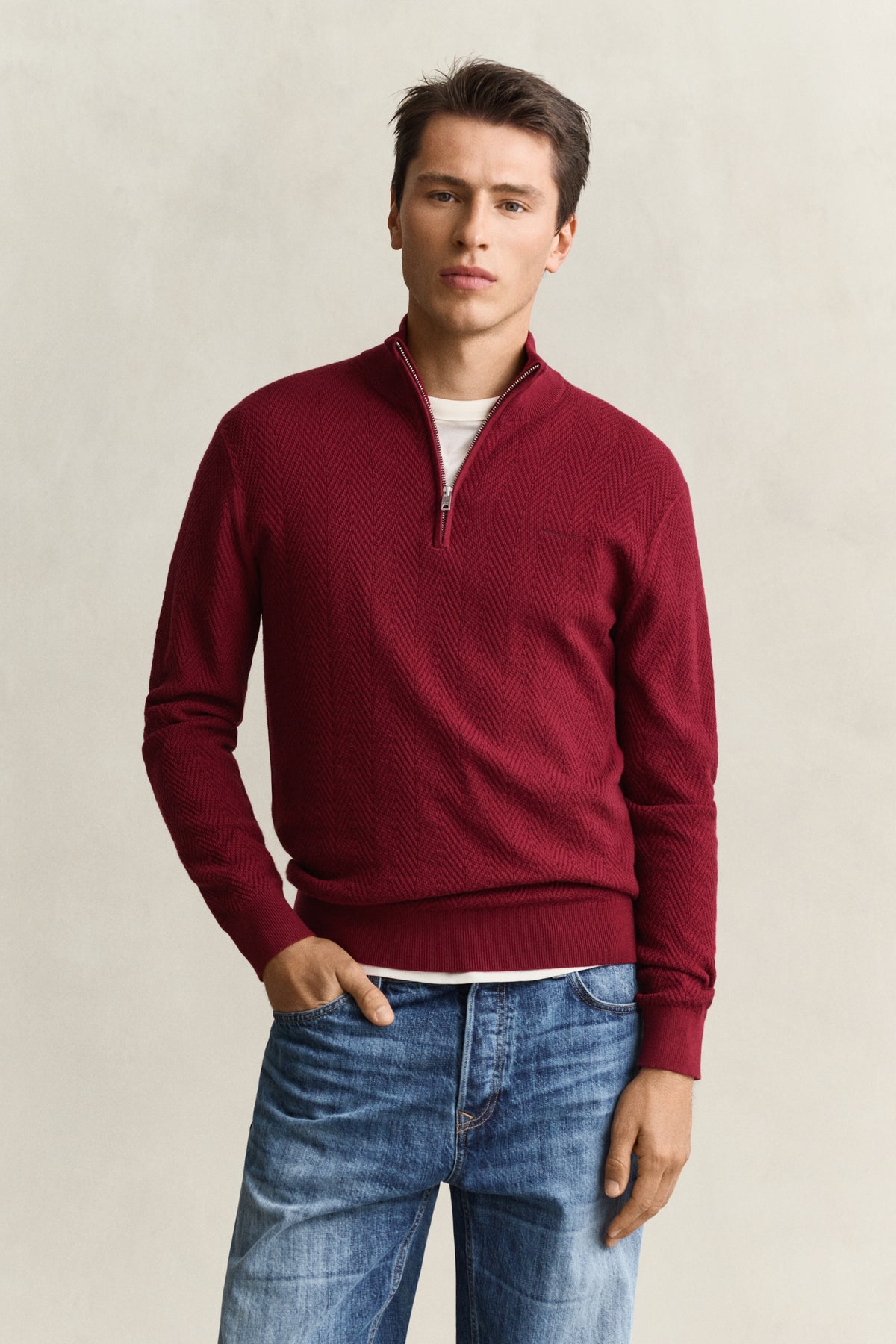 herringbone textured half zip