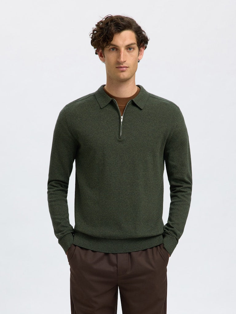 Selected Homme Knitted Polo Half-Zip Sweater in Forrest