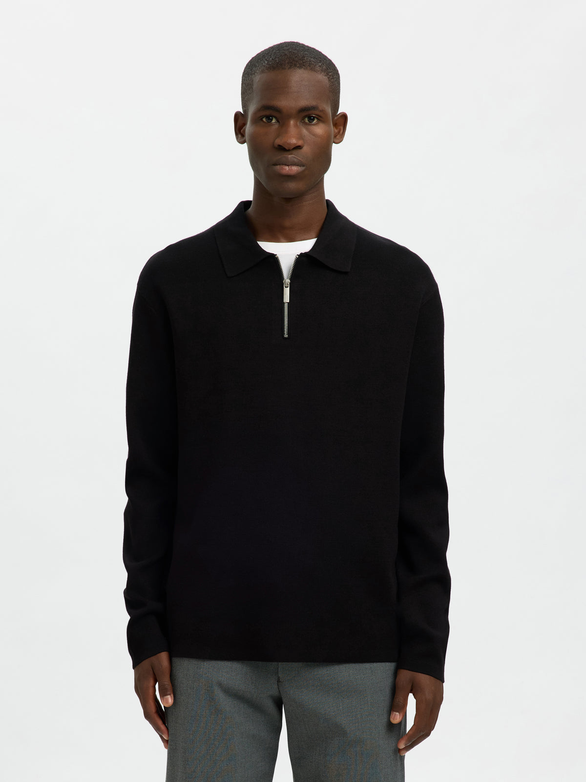 Selected Homme Knitted Polo Half-Zip Sweater in Black