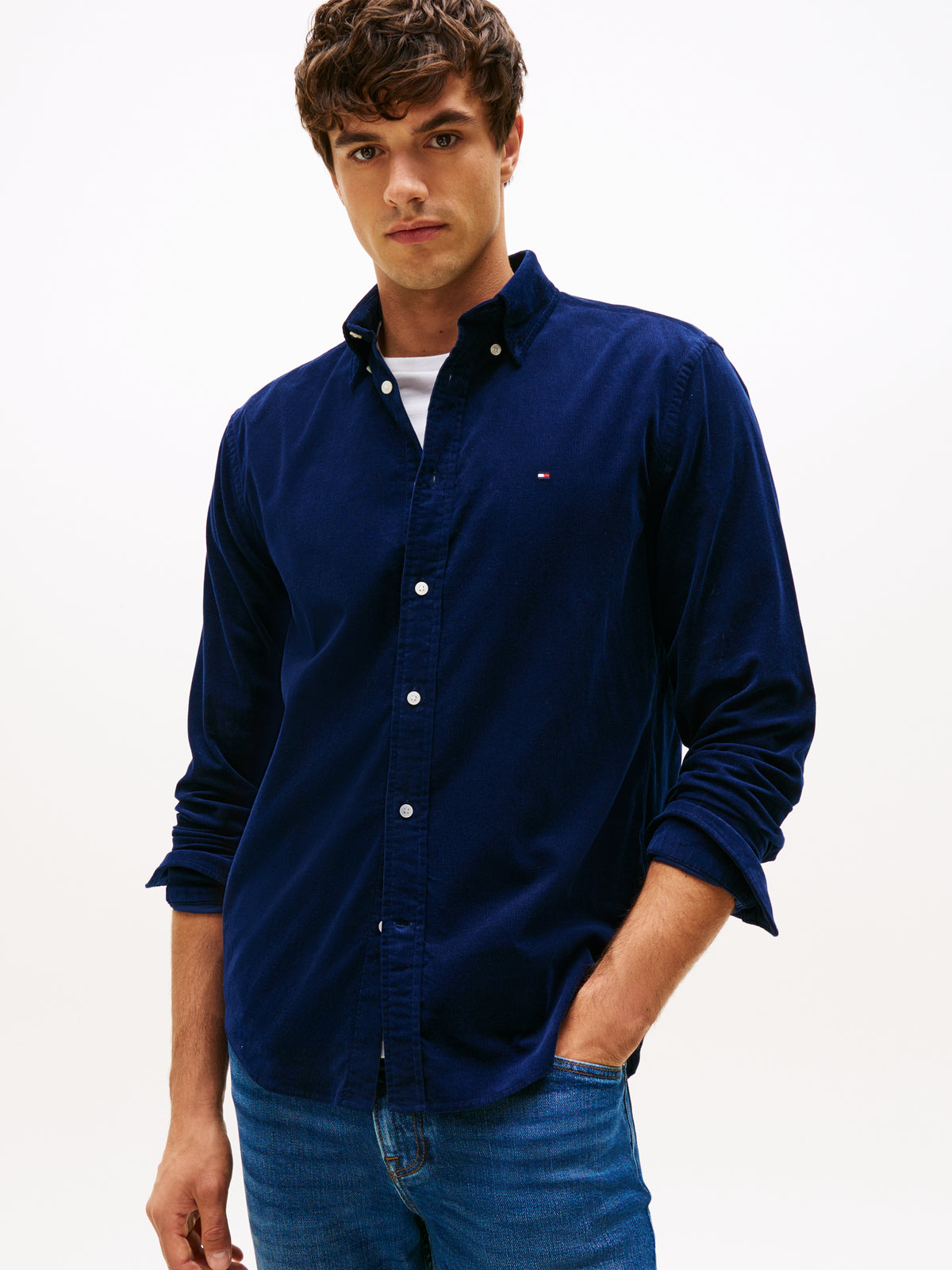Long Sleeve Regular Fit Flag Embroidery Corduroy Shirt Navy