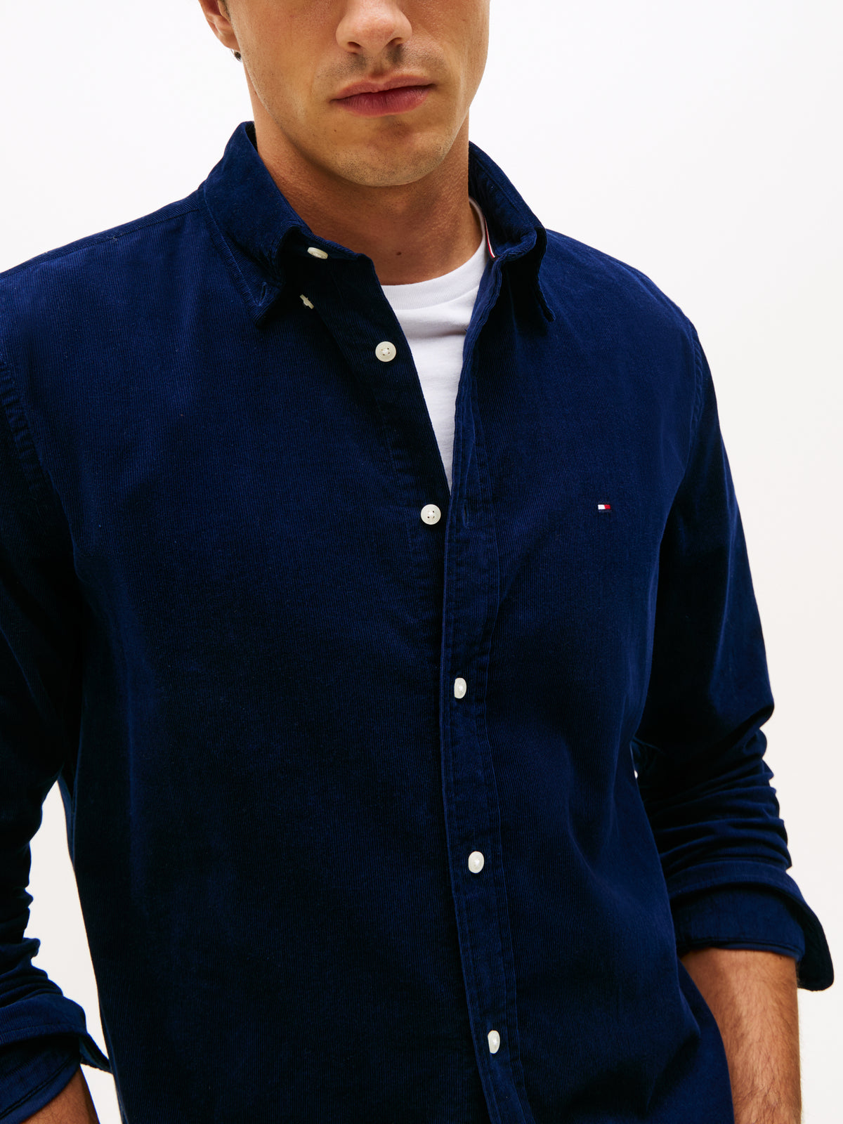 Long Sleeve Regular Fit Flag Embroidery Corduroy Shirt Navy