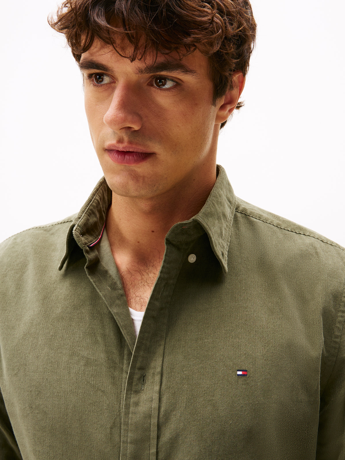 Long Sleeve Regular Fit Flag Embroidery Corduroy Shirt Green