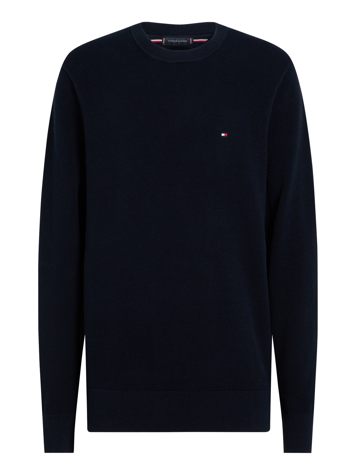 Tommy Hilfiger Herringbone Structure Crew Neck Jumper. Crafted from soft, premium fabric, this jumper features a sophisticated herringbone pattern that adds texture and depth to any casual or smart-casual outfit. 