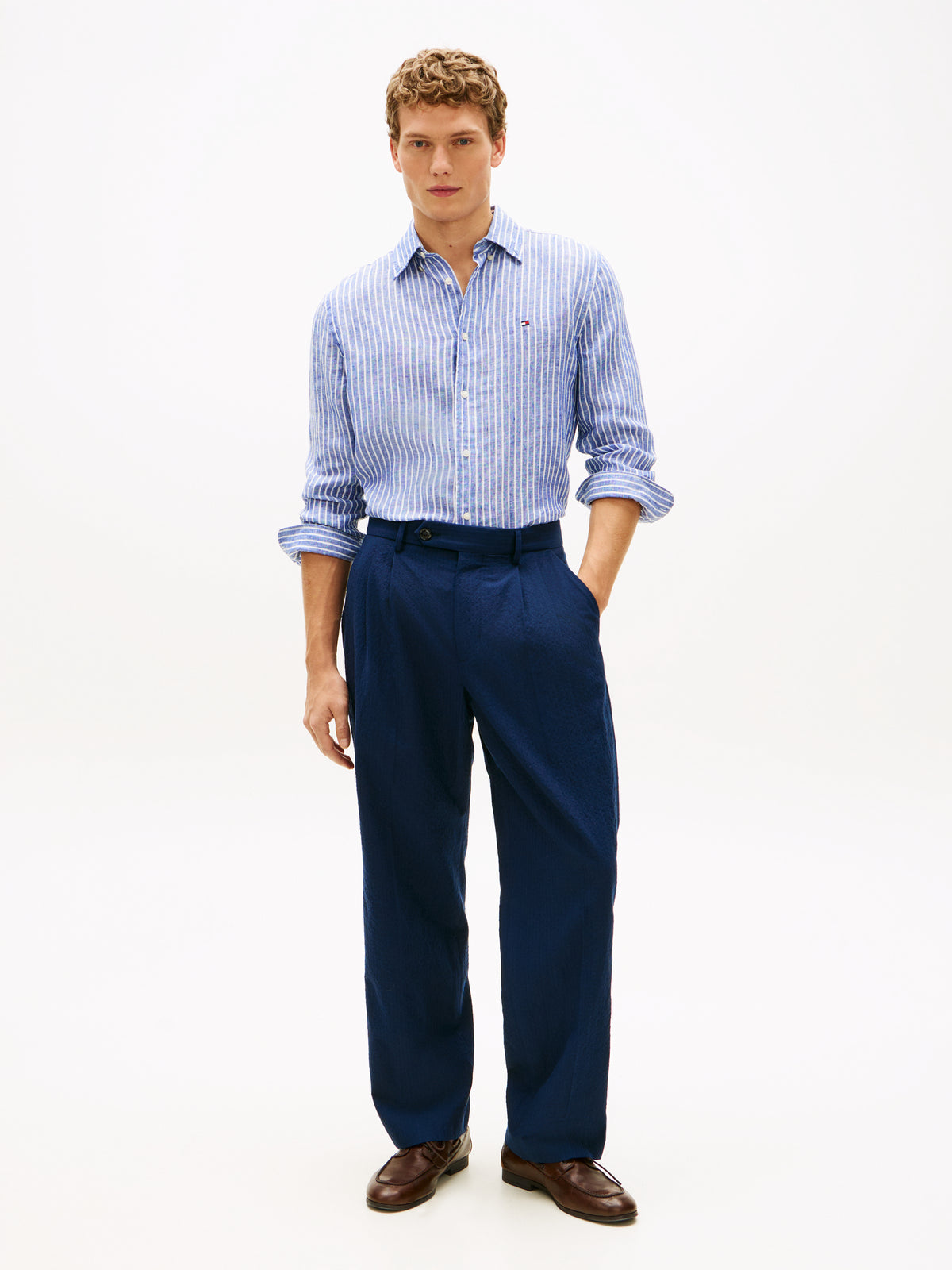 Tommy Hilfiger Regular Fit Bengal Stripe Pure Linen Shirt – Blue/White