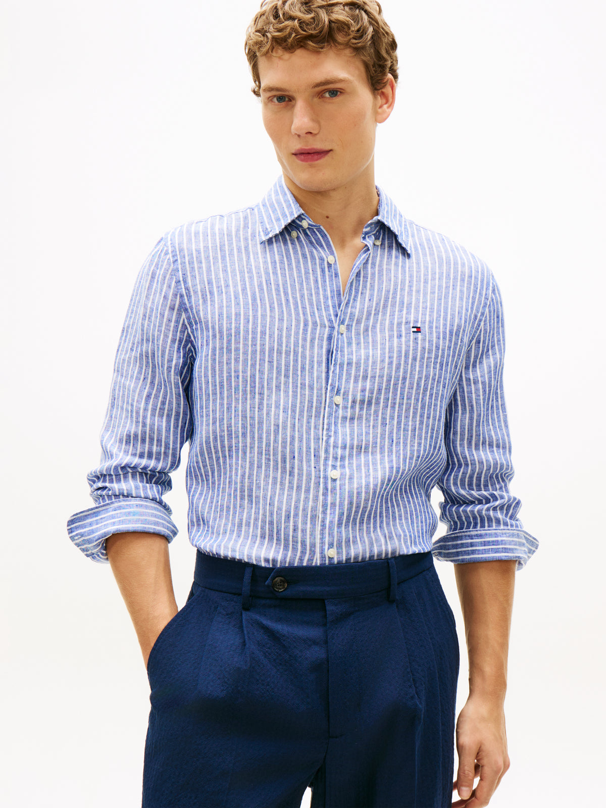 Tommy Hilfiger Regular Fit Bengal Stripe Pure Linen Shirt – Blue/White