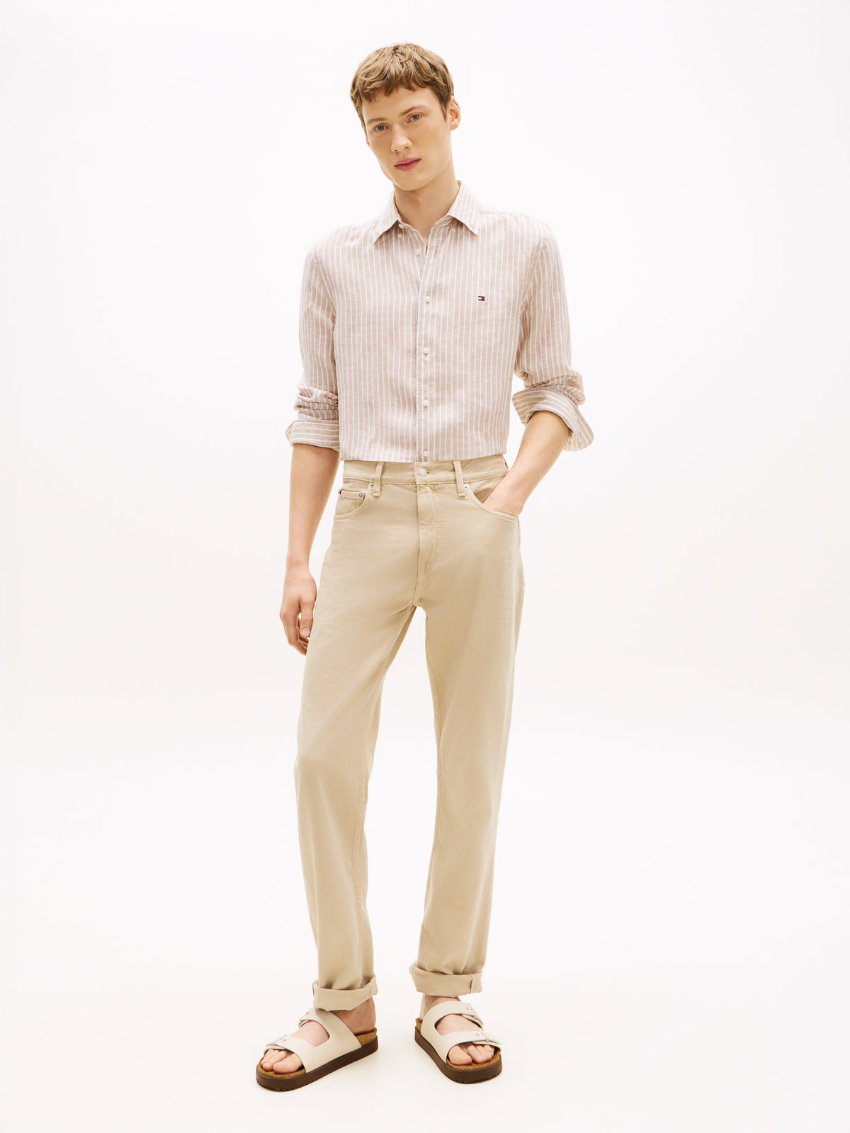 Tommy Hilfiger Regular Fit Bengal Stripe Pure Linen Shirt – Beige/White