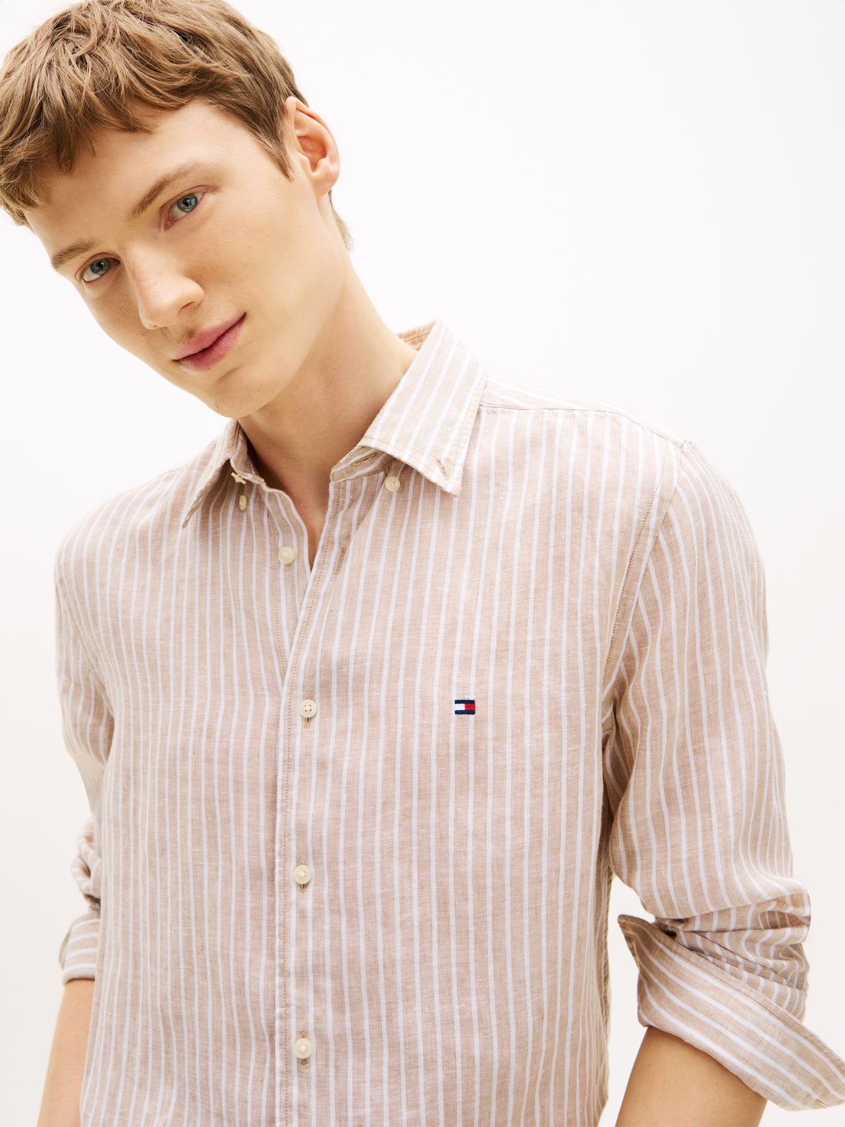 Tommy Hilfiger Regular Fit Bengal Stripe Pure Linen Shirt – Beige/White