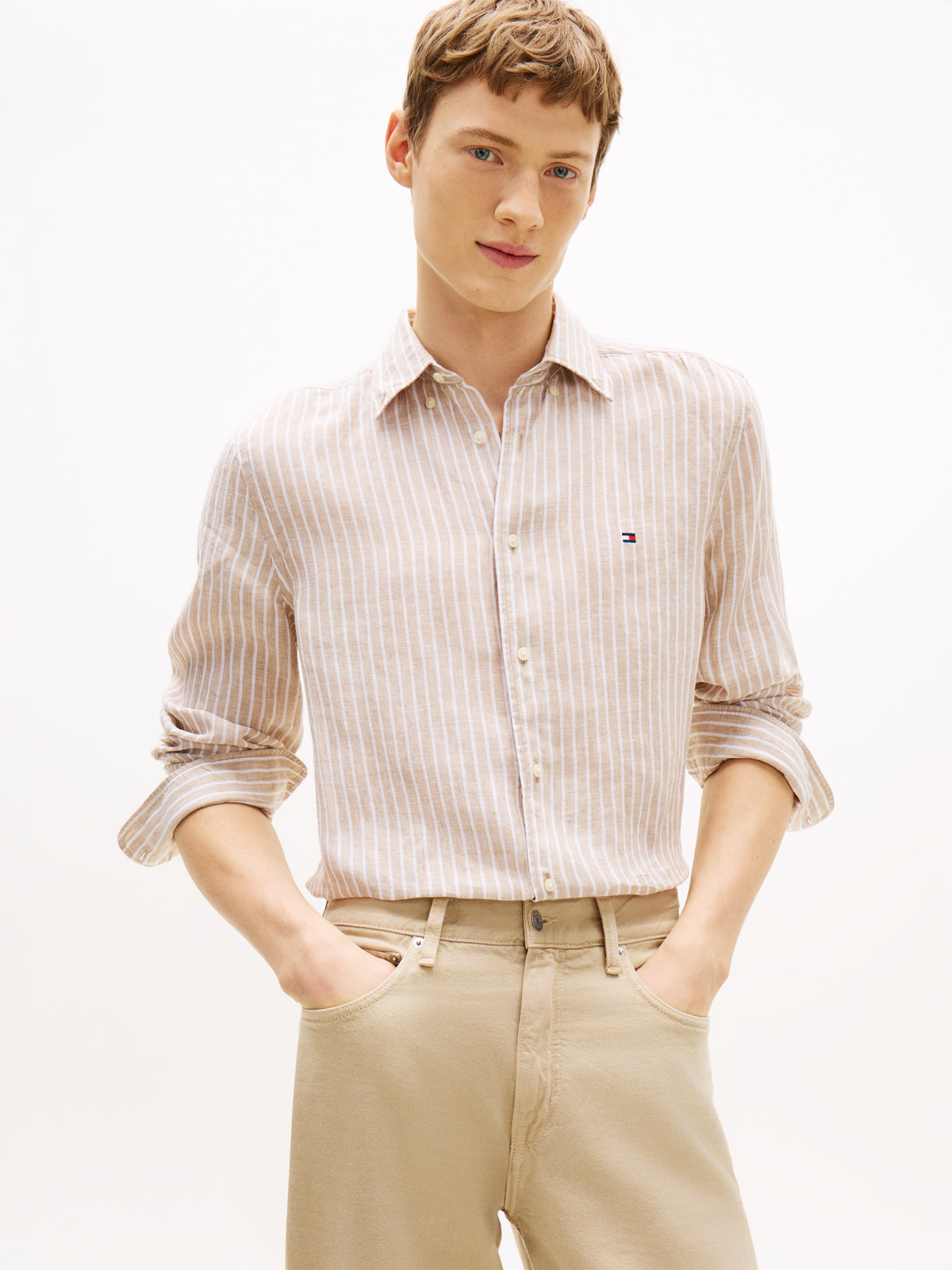 Tommy Hilfiger Regular Fit Bengal Stripe Pure Linen Shirt – Beige/White