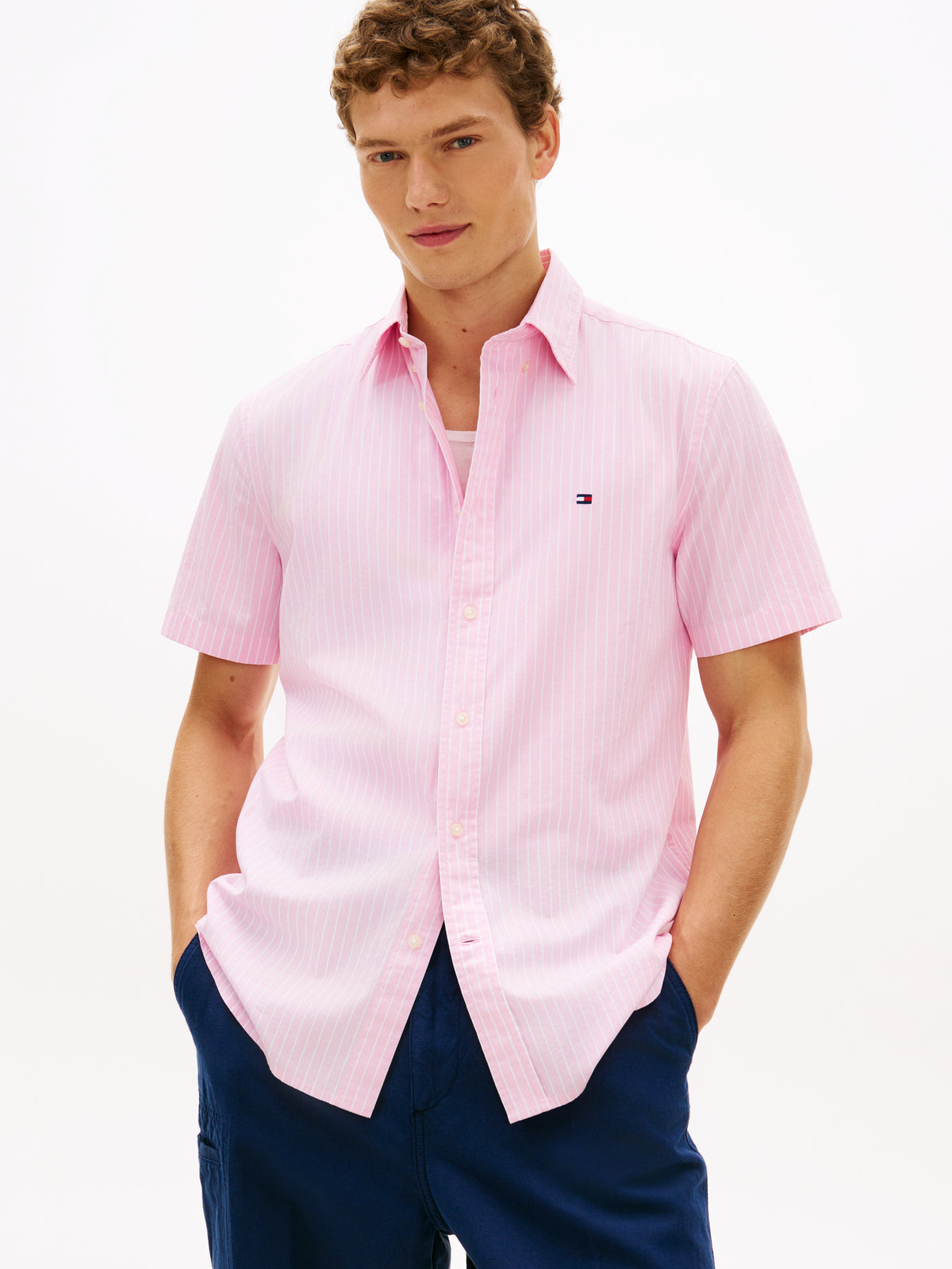 Tommy Hilfiger TH Flex Regular Fit Short Sleeve Shirt – Pink Stripe