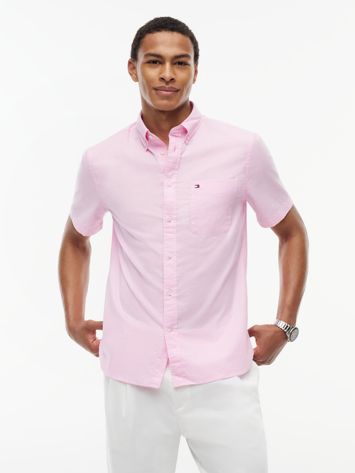 Tommy Hilfiger Regular Fit Lightweight Short Sleeve Oxford Shirt – Pink