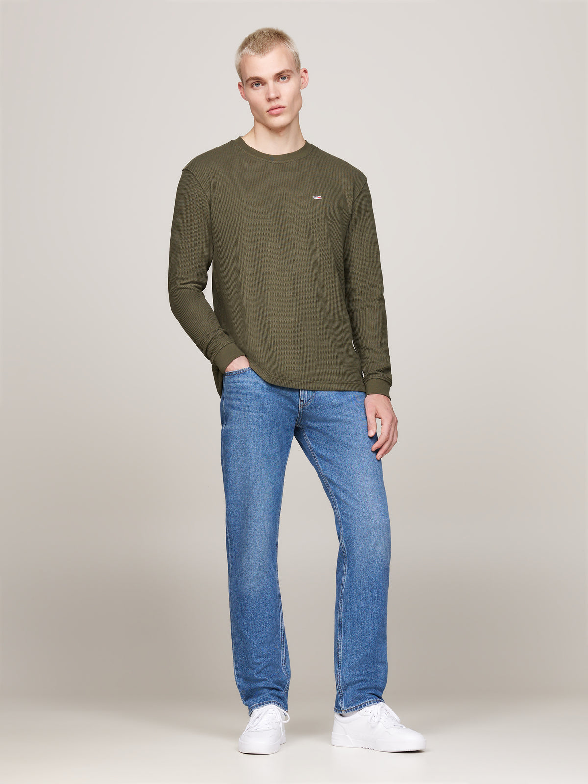 Tommy Jeans Waffle Long Sleeve Tee. Featuring soft waffle-knit fabric and subtle branding, this long-sleeve top is perfect for casual outings or layering.