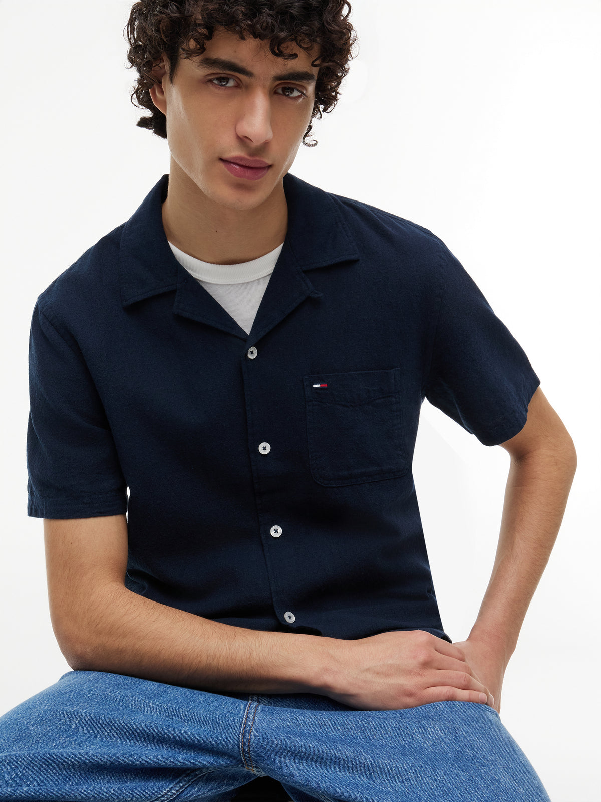 Tommy Jeans Regular Fit Linen Blend Short Sleeve Shirt – Navy