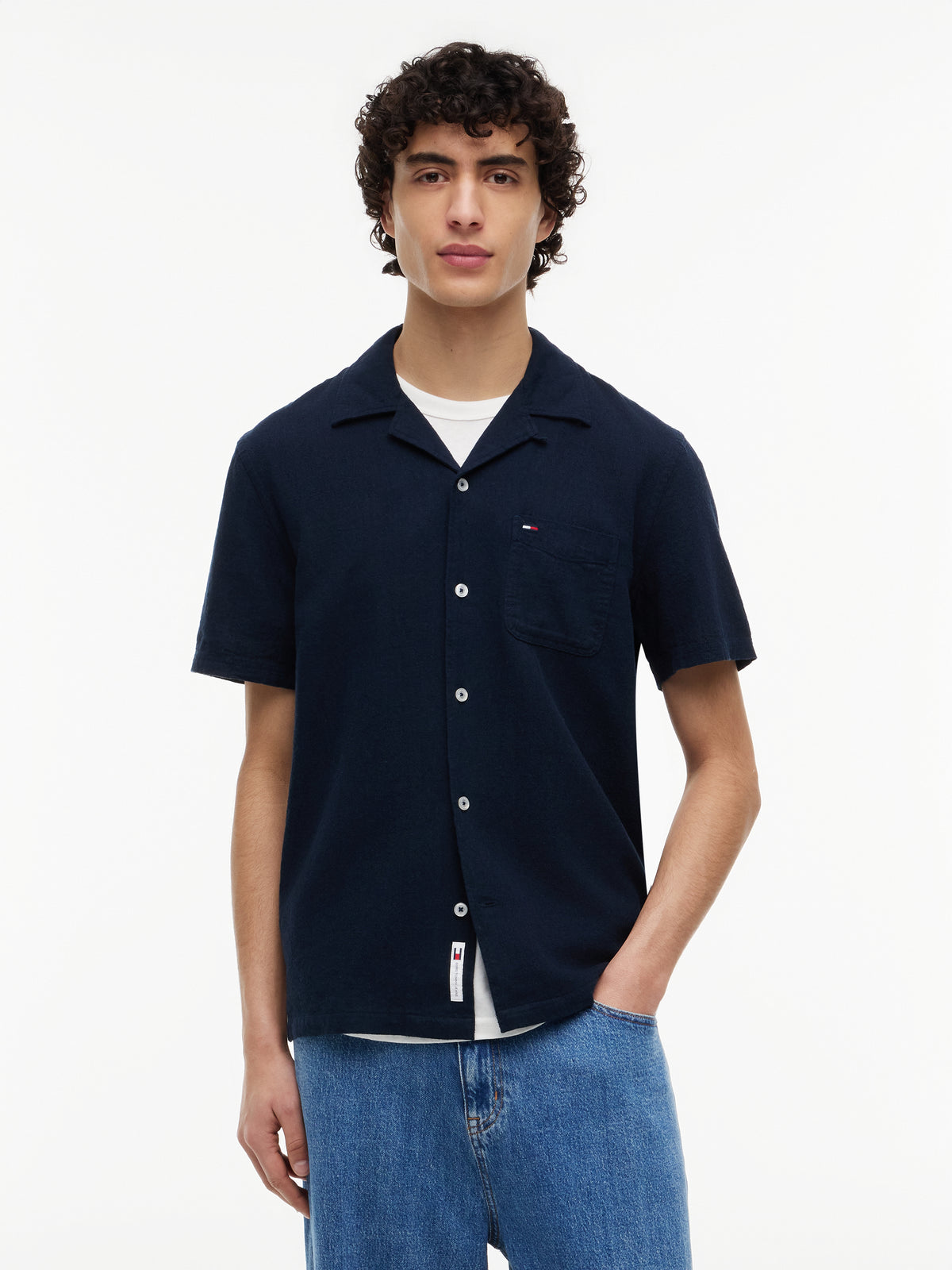 Tommy Jeans Regular Fit Linen Blend Short Sleeve Shirt – Navy