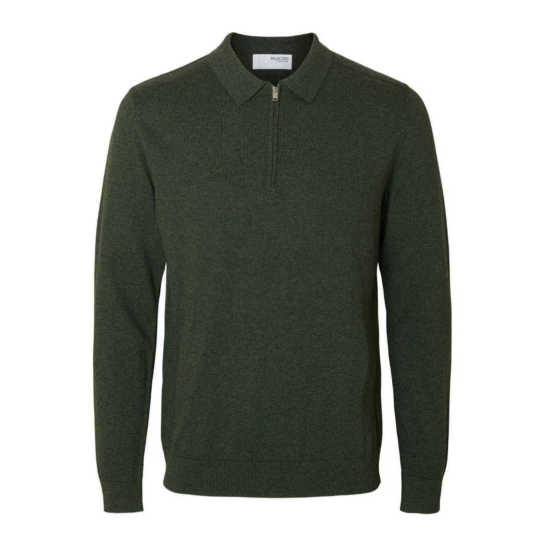 Selected Homme Knitted Polo Half-Zip Sweater in Forrest