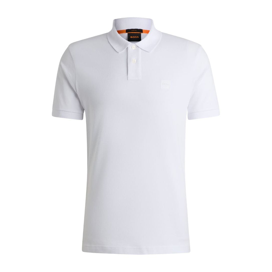 Men’s BOSS White Polo with Flat-Knit Collar