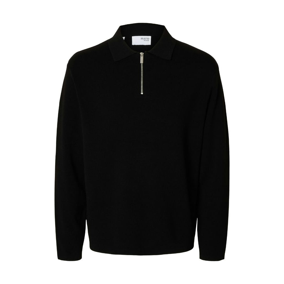 Selected Homme Knitted Polo Half-Zip Sweater in Black