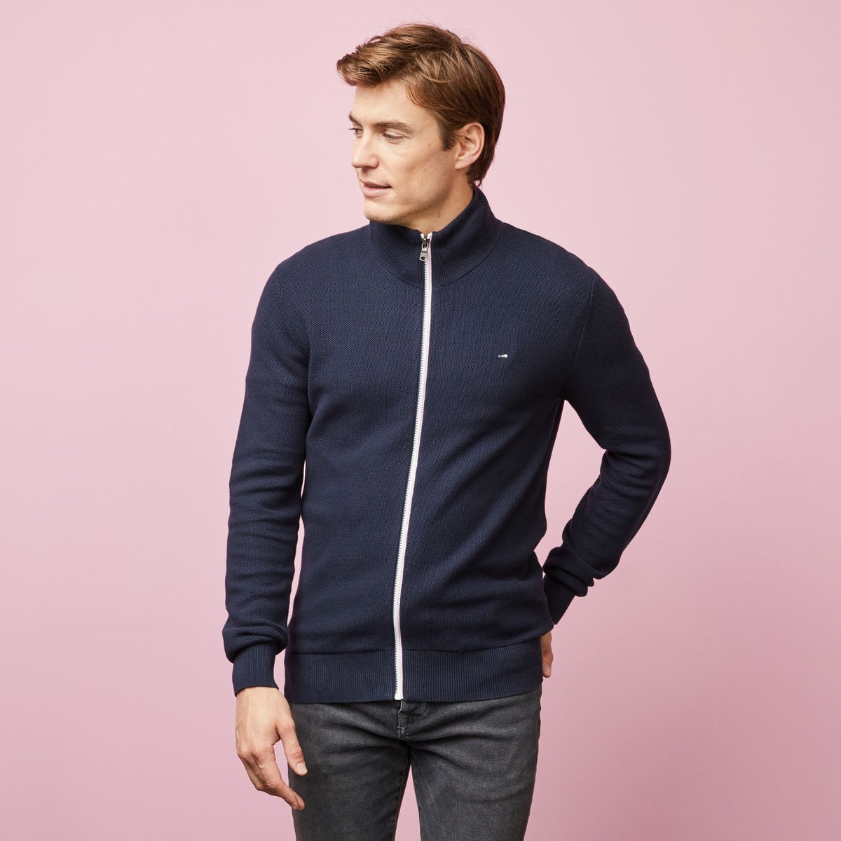 Seed stitch zipped cardigan