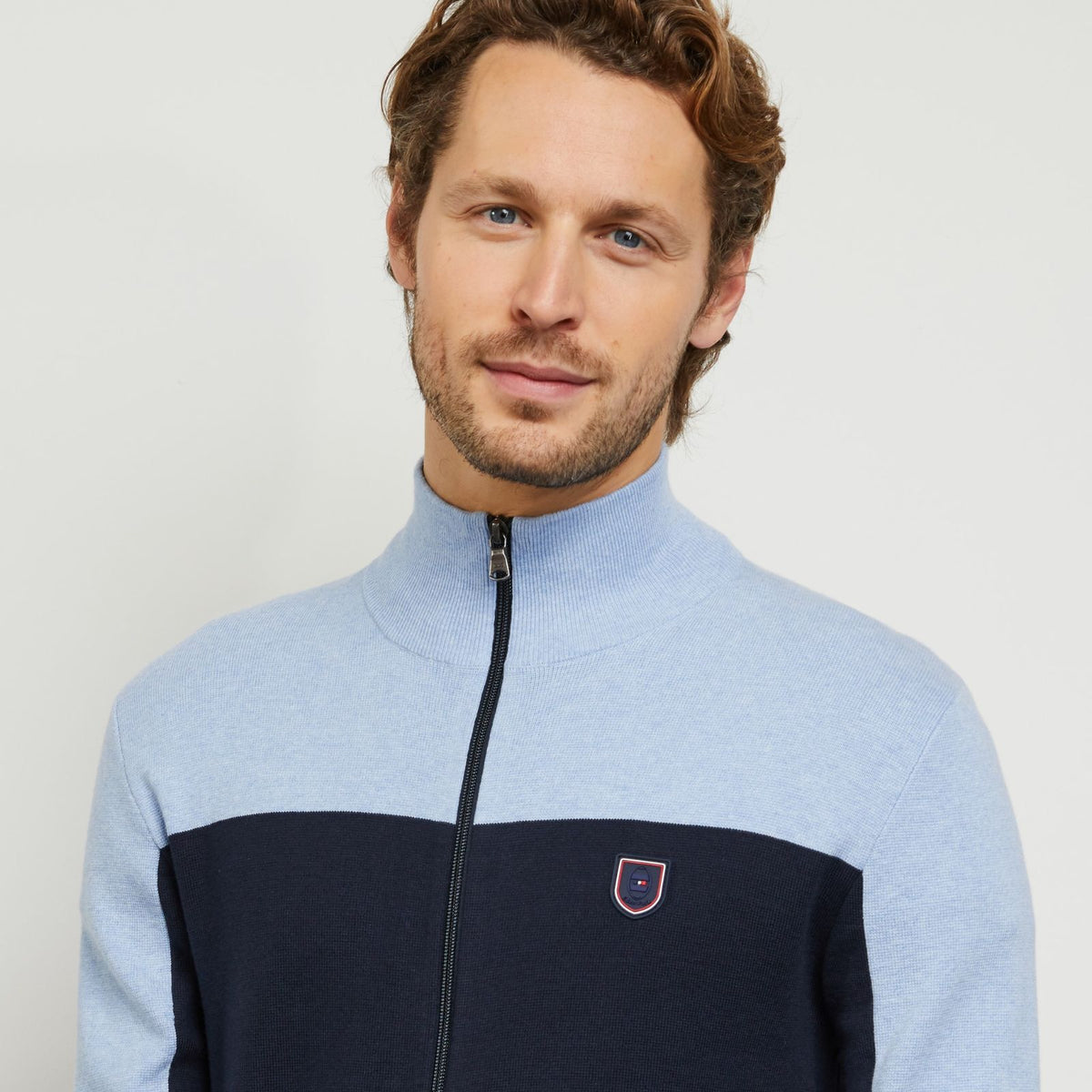 Colour-block zipped up cardigan
