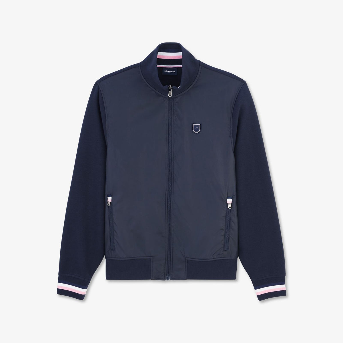Zipped Sweatshirt with stand-up collar.